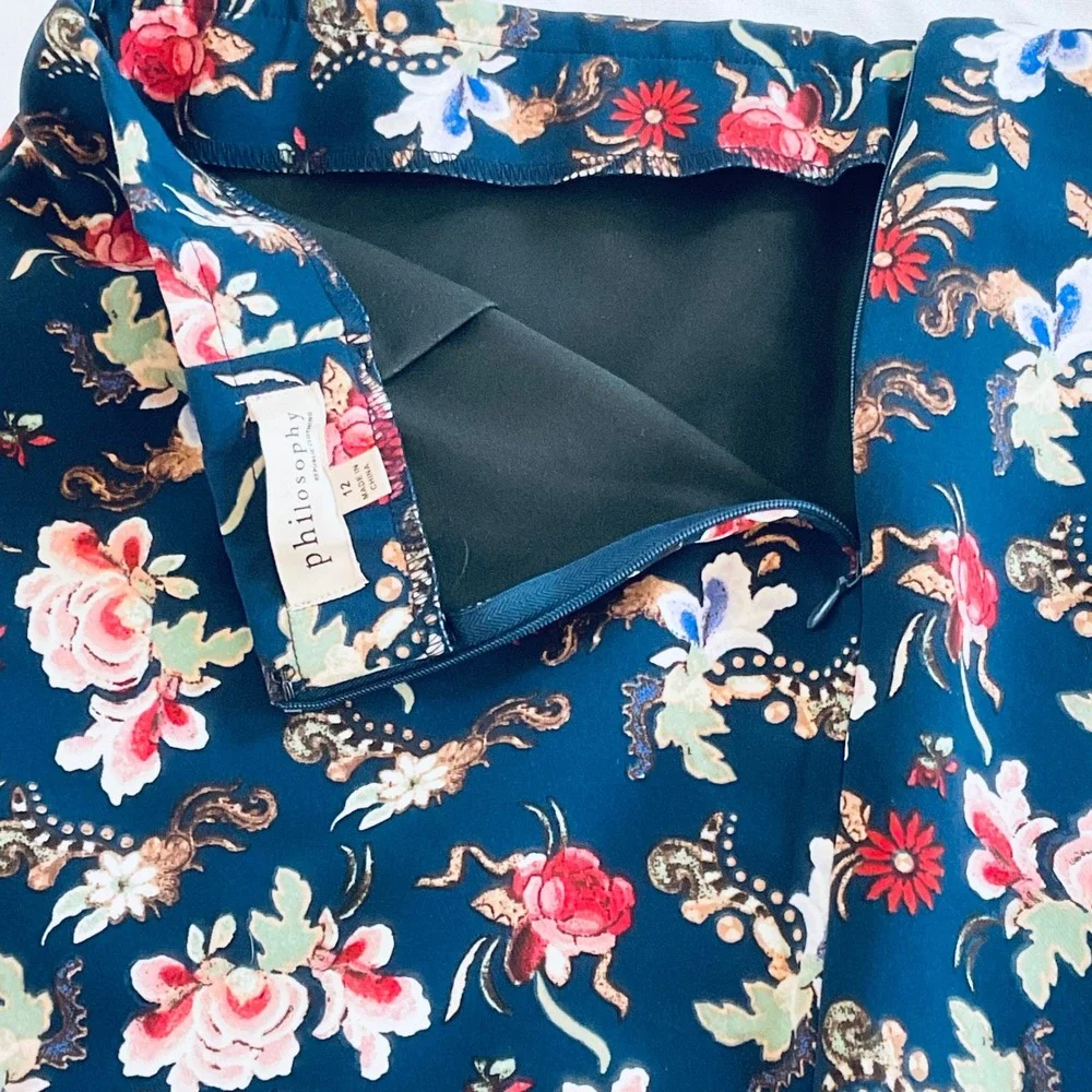 Philosophy women's floral pencil skirt 12 summer lightweight‎ stretch Navy boho